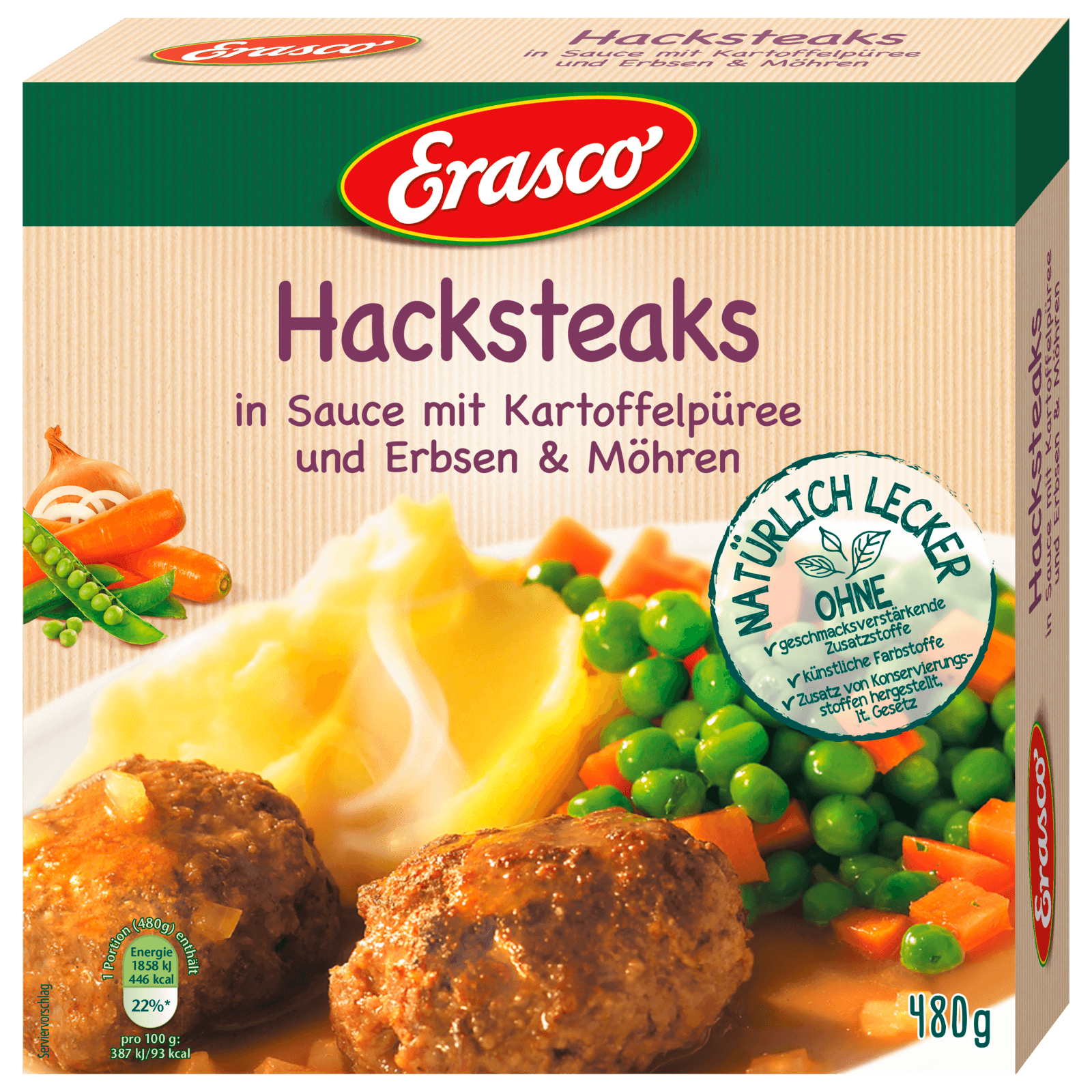 Erasco Hacksteaks in Sauce mit Kartoffelpüree und Erbsen und Möhren 480g