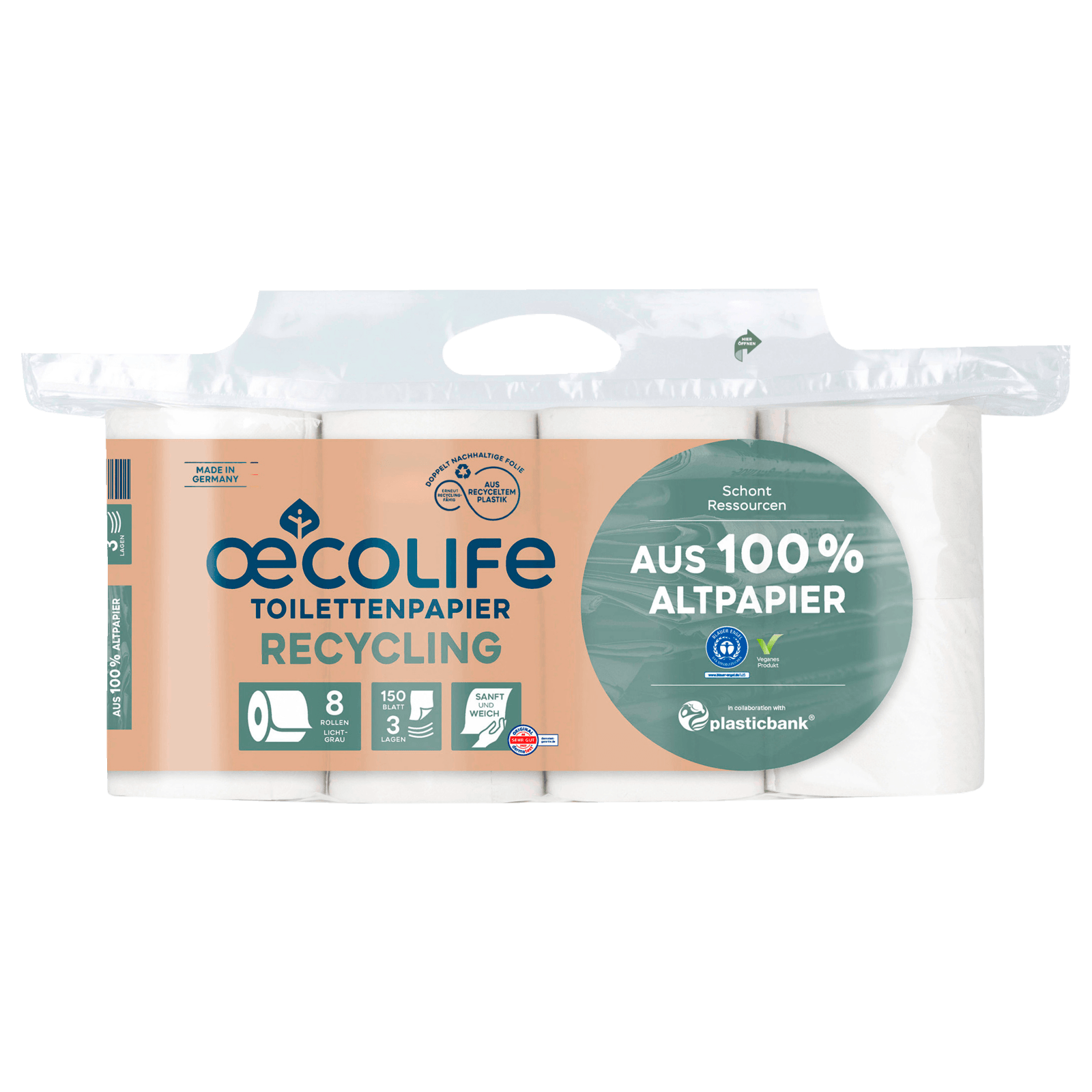 œcolife Toilettenpapier Recycling 3-lagig 8x150 Blatt