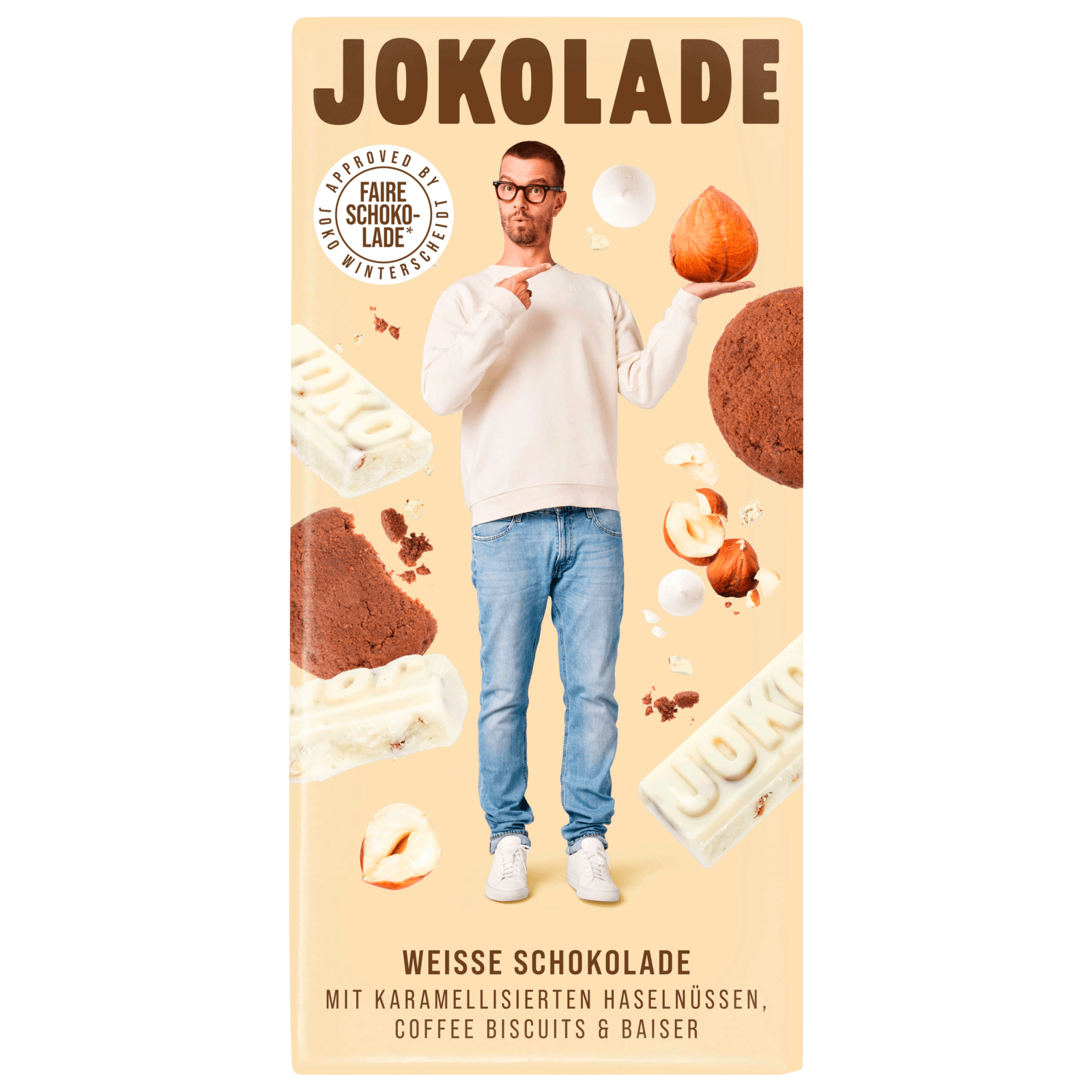 JOKOLADE Weiße Schokolade Karamellisierte Haselnüsse, Coffee Biscuits & Baiser 140g