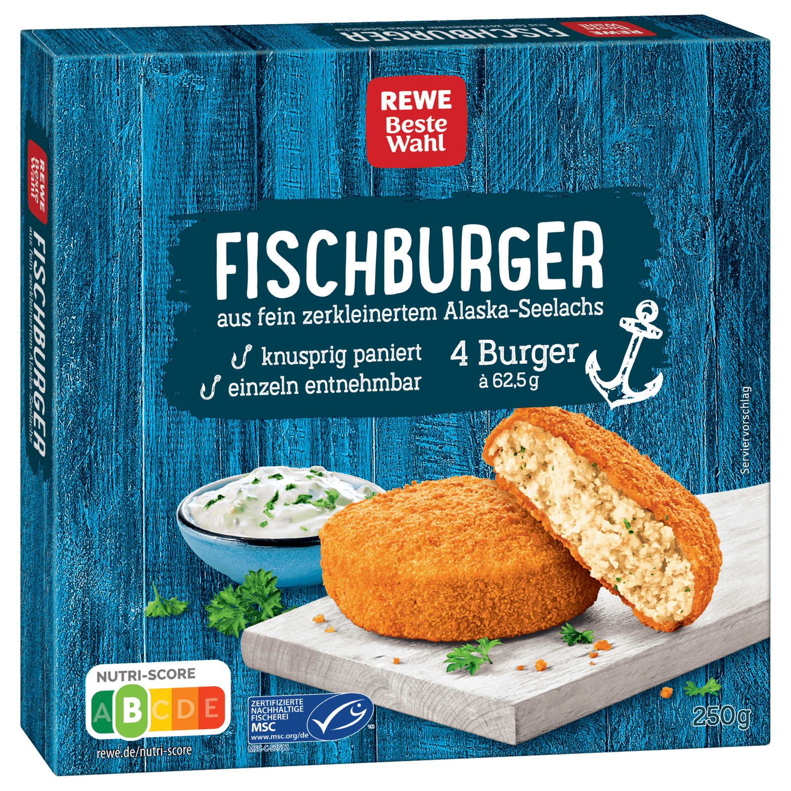 REWE Beste Wahl Fischburger Alaska-Seelachs 4x62,5g, 250g