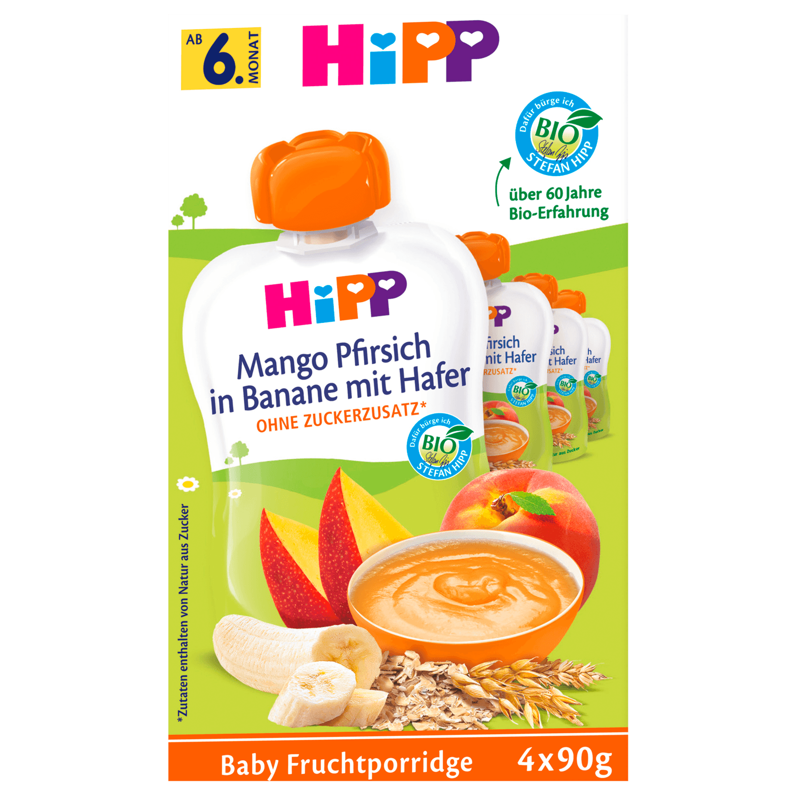 Hipp Bio Frucht-Porridge Mango-Pfirsich in Banane mit Hafer 4x90g