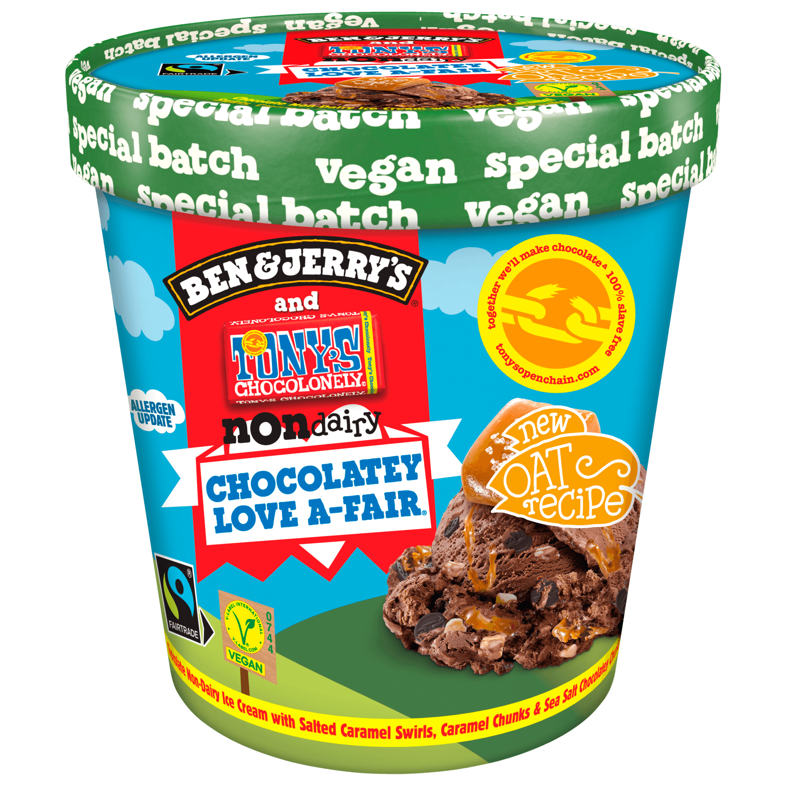 Ben & Jerry's and Tony's Chocolonely non dairy Chocolatey Love A Fair vegan 465ml