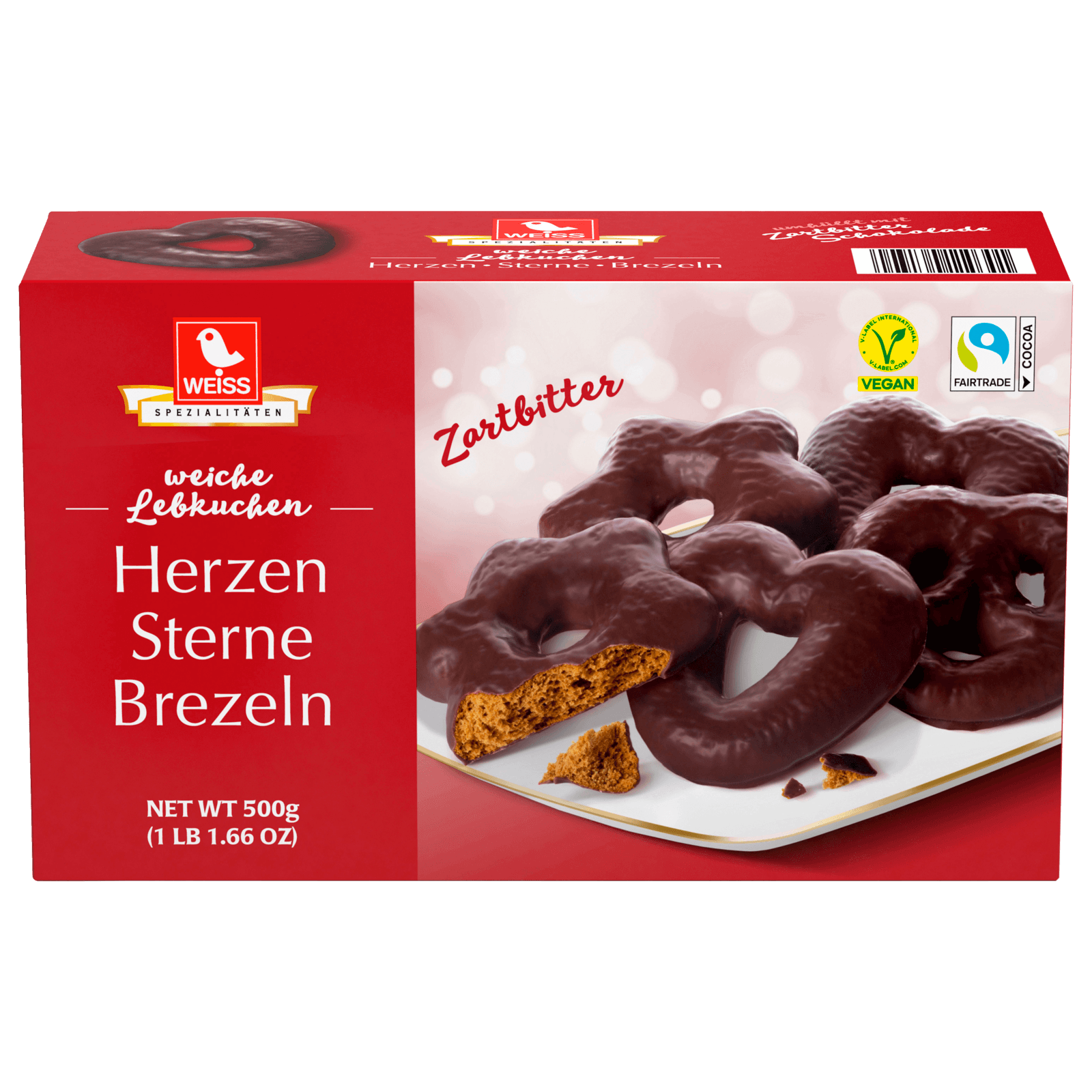 Weiss Lebkuchen Herzen Sterne Brezeln Zartbitter vegan 500g